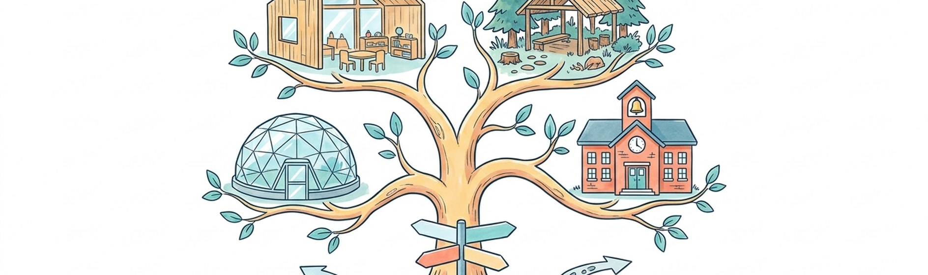 Sketchnote: Ein Baum, dessen Äste verschiedene Schulformen tragen, mit einem Wegweiser.