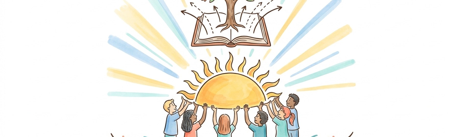 Sketchnote: Vielfältige junge Lernende heben gemeinsam eine aufgehende Sonne und einen aus einem Buch wachsenden Baum empor.