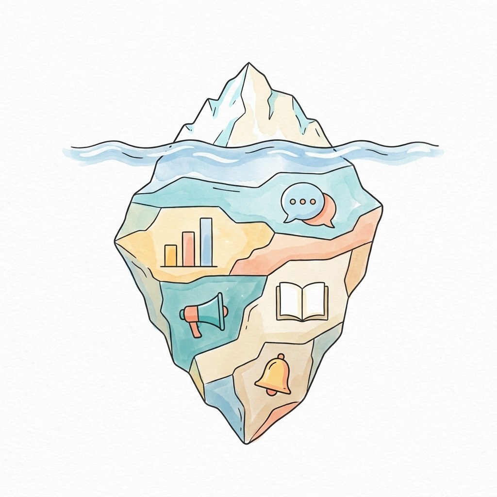 Eine handgezeichnete Sketchnote eines Eisbergs, dessen Spitze &uuml;ber dem Wasser liegt und nach unten weitere Schichten mit kleinen Symbolen f&uuml;r Sprache, Werbung und Auslassung zeigt