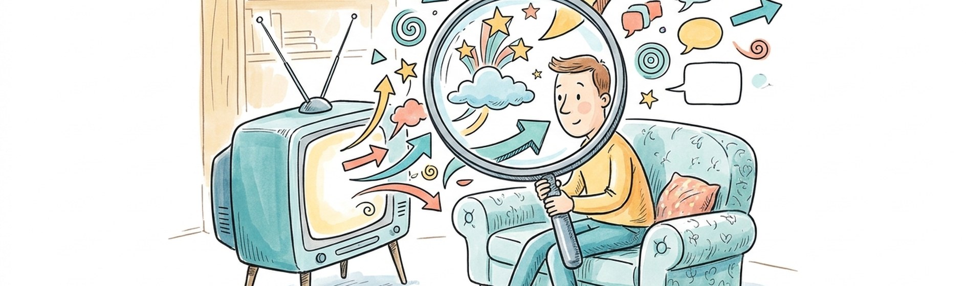 Eine handgezeichnete Sketchnote eines Menschen mit grosser Lupe vor einem Roehrenfernseher, aus dem bunte Symbole sprudeln - Medienkompetenz als Lernhaltung