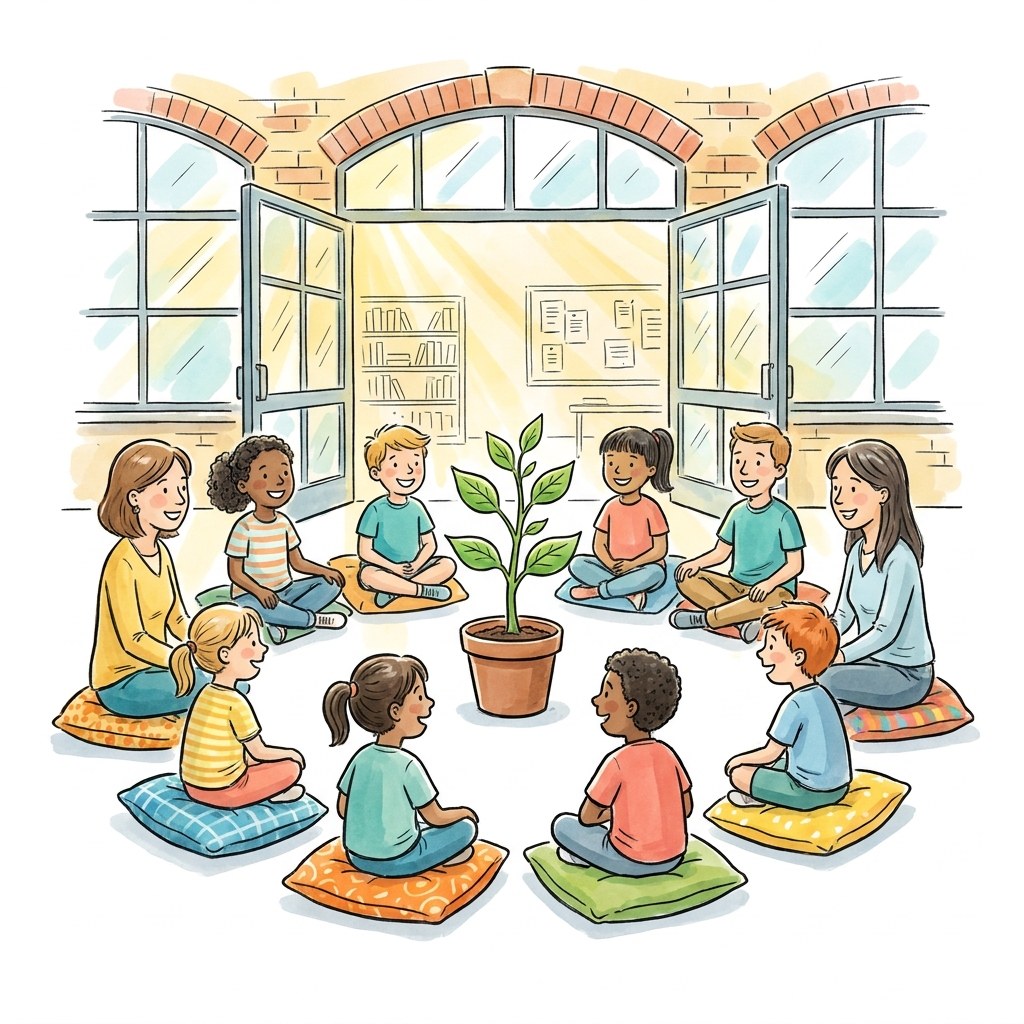 Eine Gruppe von Erwachsenen und Kindern aus verschiedenen Kulturen sitzt im Kreis auf bunten Kissen, in der Mitte eine kleine Pflanze, die kr&auml;ftig w&auml;chst; im Hintergrund eine offene Schulwand mit Sonnenlicht, Sketchnote-Stil, warme Farben, wortlos