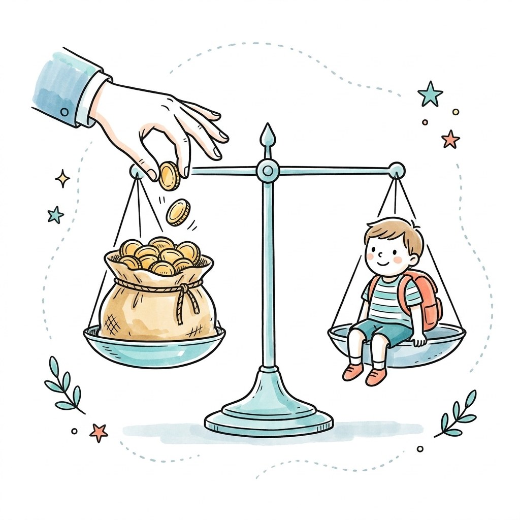 Eine Waage, auf der einen Seite ein voller Sack mit M&uuml;nzen, auf der anderen Seite ein kleines Kind mit einem Schulranzen; eine erwachsene Hand legt sanft noch ein paar M&uuml;nzen dazu, damit die Waage ins Gleichgewicht kommt, Sketchnote-Stil, warme Farben, wortlos