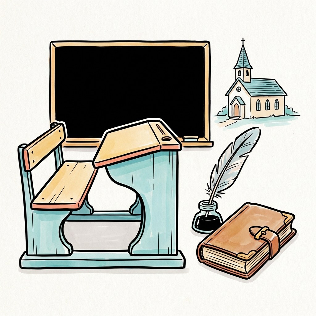 Eine alte preu&szlig;ische Schulbank mit Schwarzer Tafel, Feder und altem Buch