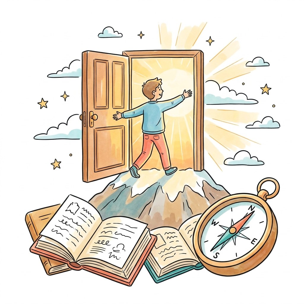 Eine offene T&uuml;r auf einem Berggipfel, ein Mensch tritt ins Sonnenlicht, im Vordergrund B&uuml;cher und ein Kompass