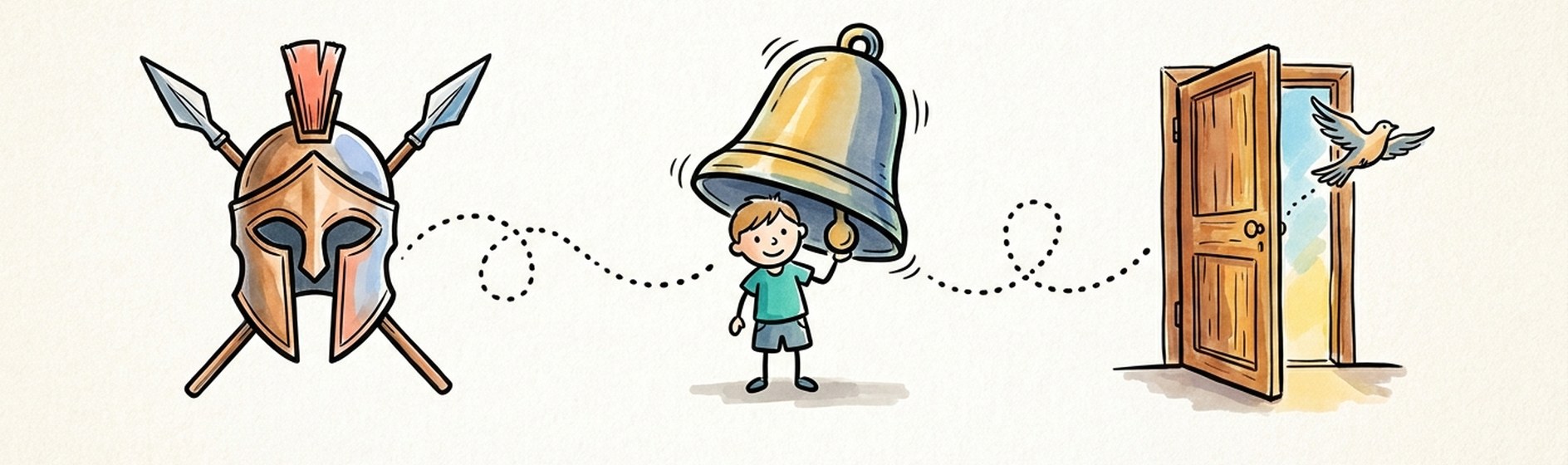 Sketchnote-Zeitleiste: vom griechischen Helm ueber die Schulbank unter der Glocke zur offenen Tuer mit fliegendem Vogel