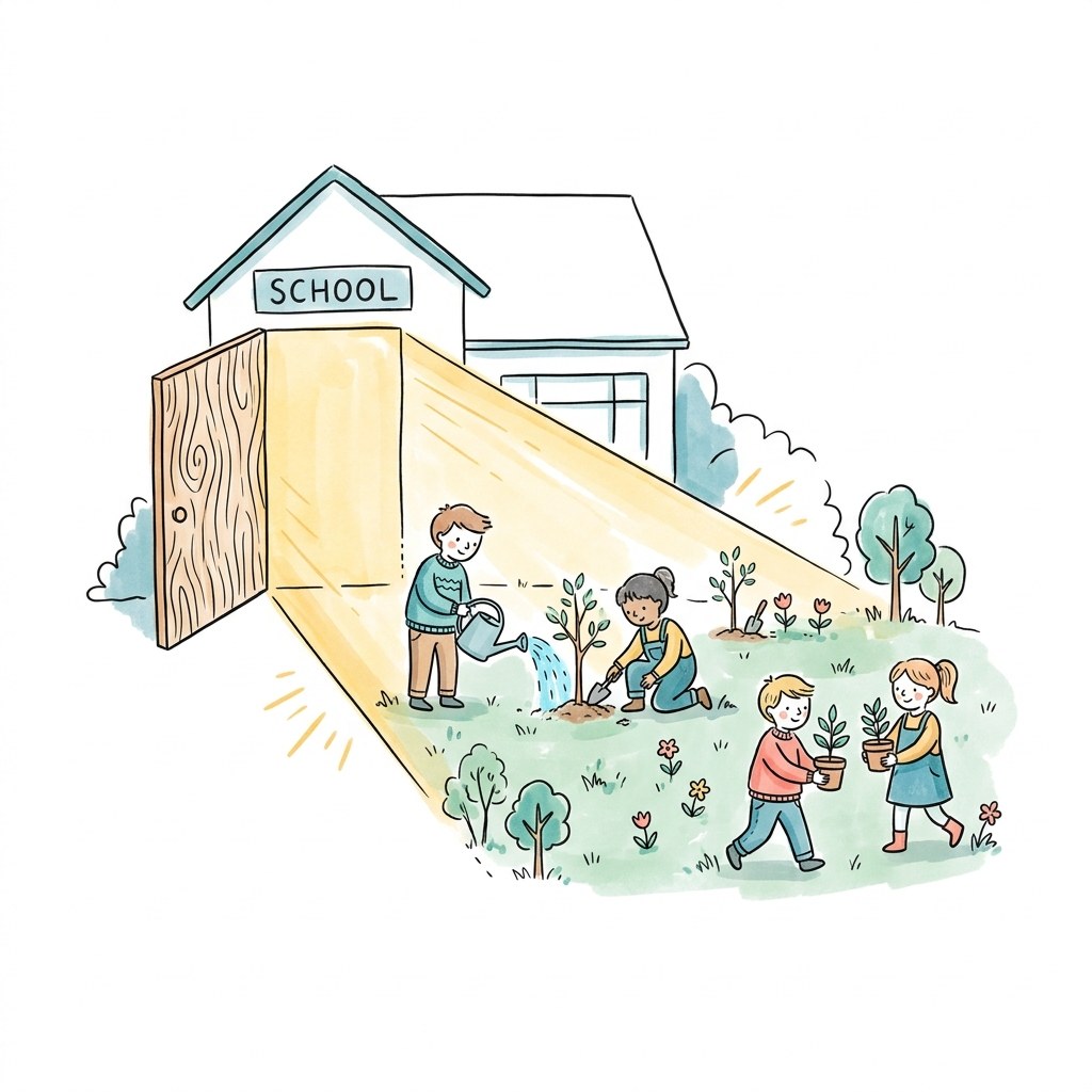 Eine ge&ouml;ffnete Schult&uuml;r, durch die ein warmer Lichtstrahl auf eine Wiese f&auml;llt, auf der Kinder mit Werkzeugen und Pflanzen arbeiten, Sketchnote-Stil, warme Farben, wortlos