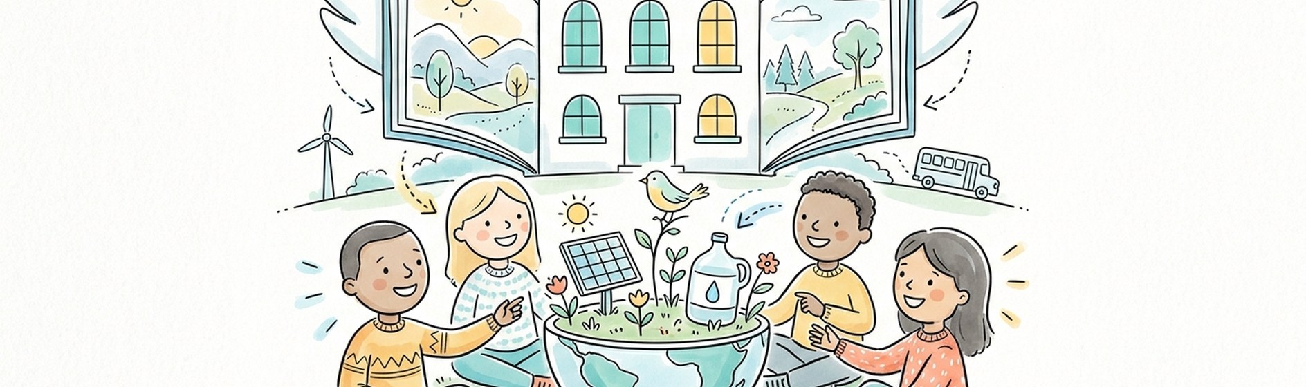 Vier Kinder im Kreis auf einer Wiese, in der Mitte ein aufgeklappter Globus mit Mini-Modellen, im Hintergrund eine Schule, deren Wände sich wie Flügel öffnen