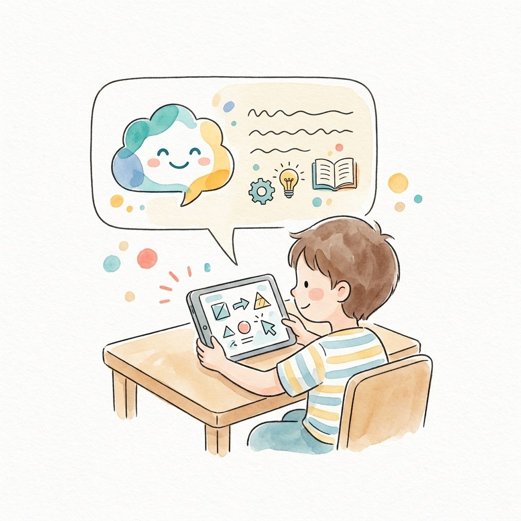 Sketchnote eines Tablets mit Lernaufgaben und einem freundlichen KI-Avatar