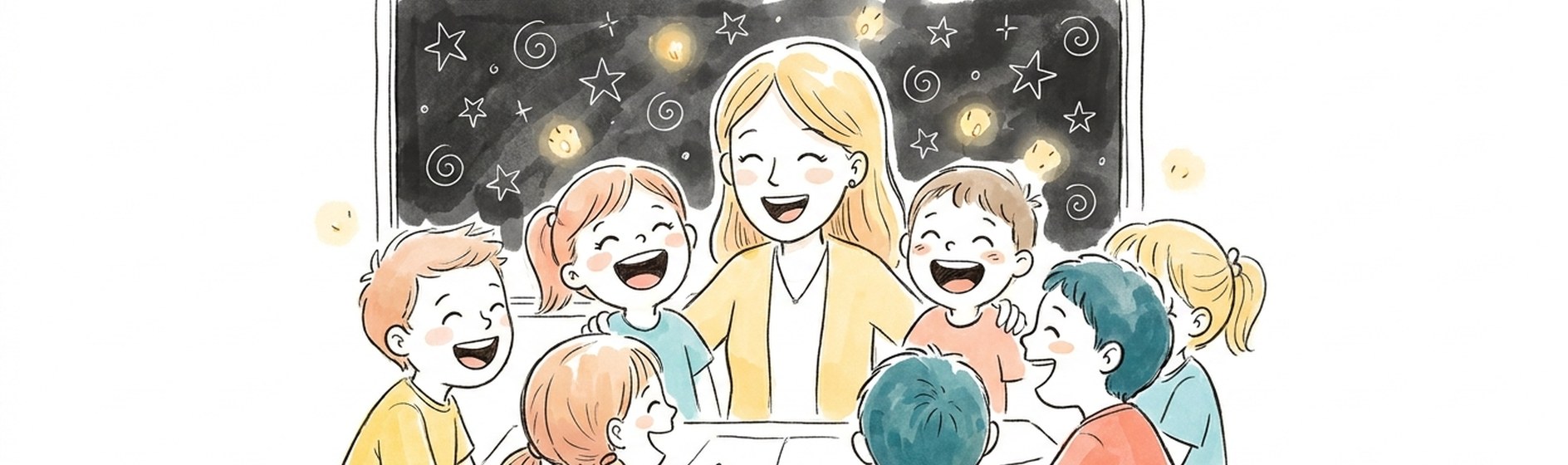 Lehrerin und Kinder lachen gemeinsam im Klassenzimmer, warm gezeichnete Sketchnote-Illustration mit Lichtfunken