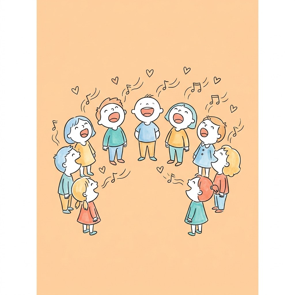 Sketchnote: Eine Schulklasse im Halbkreis, alle &ouml;ffnen den Mund zum Singen; &uuml;ber ihnen schweben Notenlinien und kleine Herz-Symbole, die aus den M&uuml;ndern aufsteigen