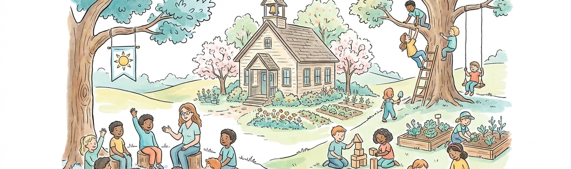 Sketchnote: Kinder lernen und spielen frei rund um ein gemütliches Schulhaus auf einer Wiese.
