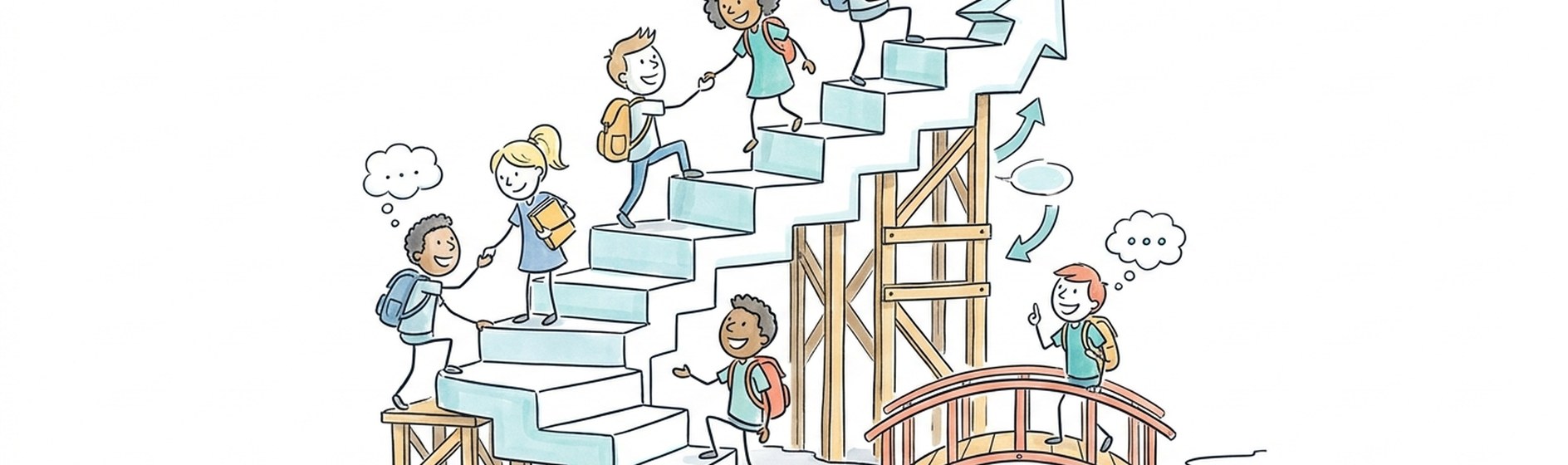 Sketchnote: Vielfältige Schüler steigen eine helle Treppe zu einem Stern hinauf, Brücke über eine Lücke.