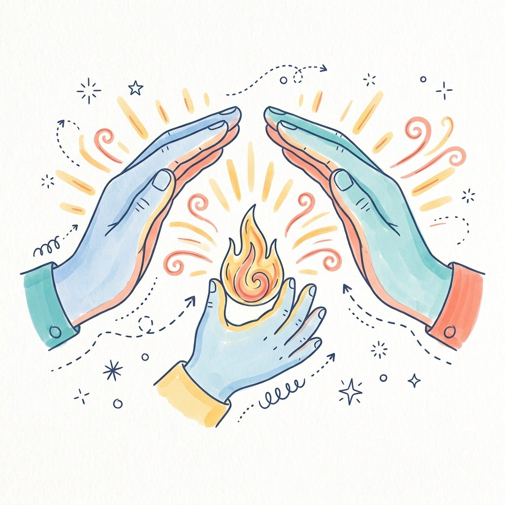 Eine Kinderhand h&auml;lt eine kleine, kostbare Glasflamme, vor sich zwei weitere H&auml;nde, die sch&uuml;tzend einen Lufttunnel formen, damit die Flamme weiterbrennt, Sketchnote-Stil, warme Farben, wortlos