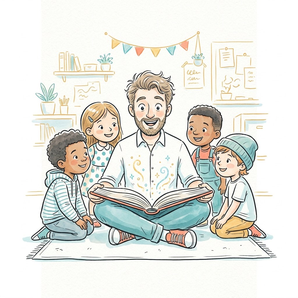 Ein Lehrer sitzt am Boden mit einem Buch in der Hand, die Augen weit, und um ihn herum sammeln sich neugierige Kinder; aus dem Buch steigen kleine Lichtfunken auf, Sketchnote-Stil, warme Farben, wortlos