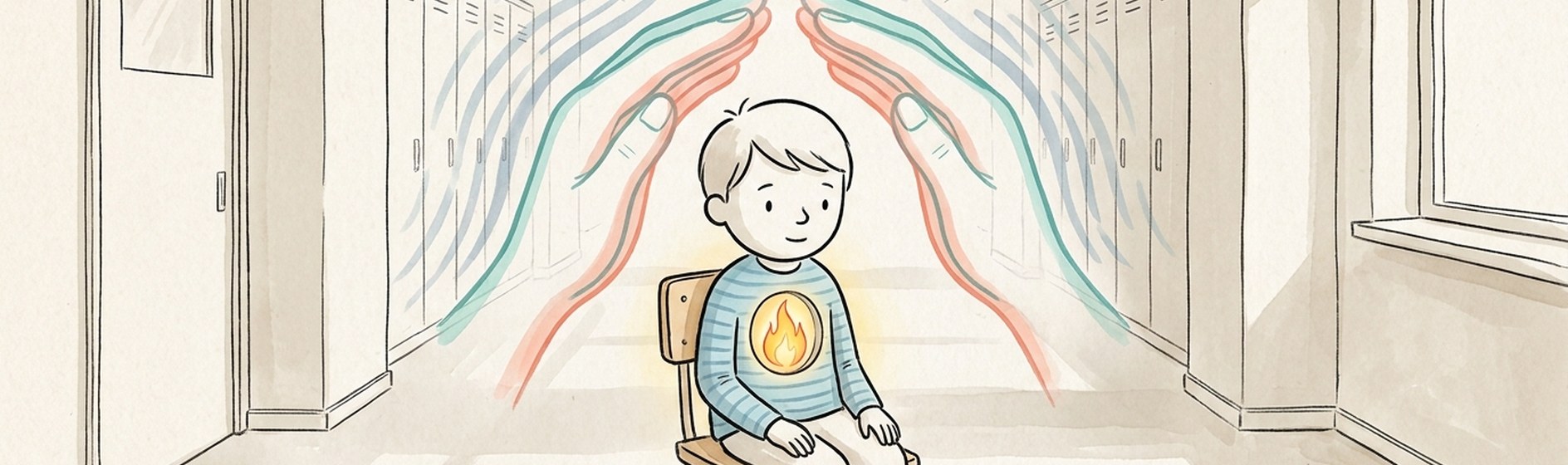 Kind mit warmer Flamme in der Brust, unsichtbare Hände dimmen sie, leerer Schulflur, Sketchnote