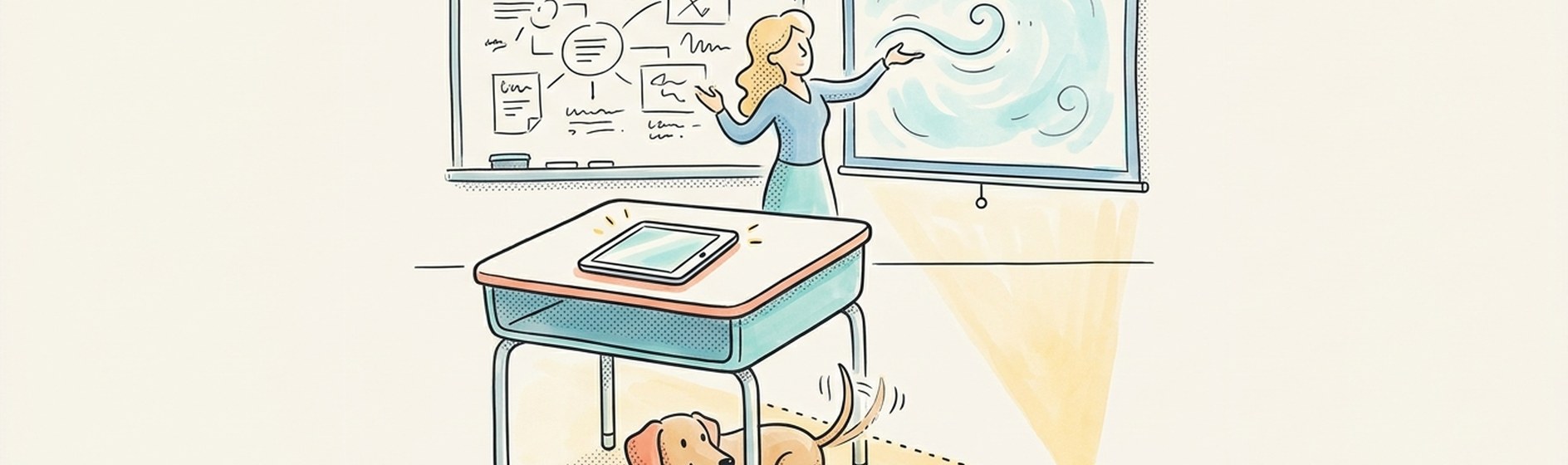 Sketchnote eines Klassenzimmers mit Whiteboard, Tablet und kleinem Dackel, der eine Lichtschranke auslöst