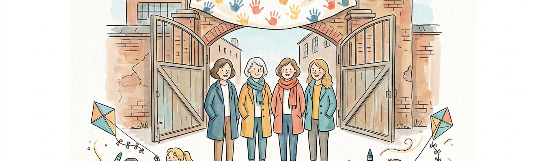 Sketchnote-Illustration: Kinder mit Papierdrachen vor einer alten Fabrikhalle - Freie Schule Tempelhof