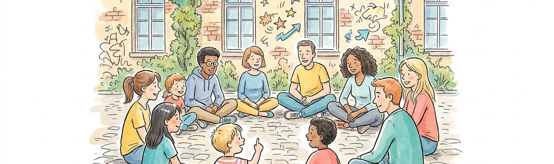 Sketchnote-Banner: Kinder und Erwachsene sitzen im Kreis auf einem Kreuzberger Innenhof auf gleicher Augenhoehe, ein Kind spricht