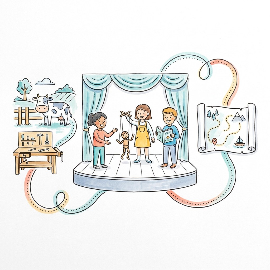 Sketchnote: eine Theaterbühne mit Kindern, die eine Marionette und ein Buch halten, links ein Bauernhof mit Kuh und Werkbank, rechts eine Landkarte mit Erlebnisreise-Route, alles verbunden durch eine geschwungene Linie