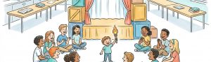 Sketchnote: Theaterbühne mit Kindern und Feuerfackel im Schulhof, im Hintergrund Klassenraum mit Büchern