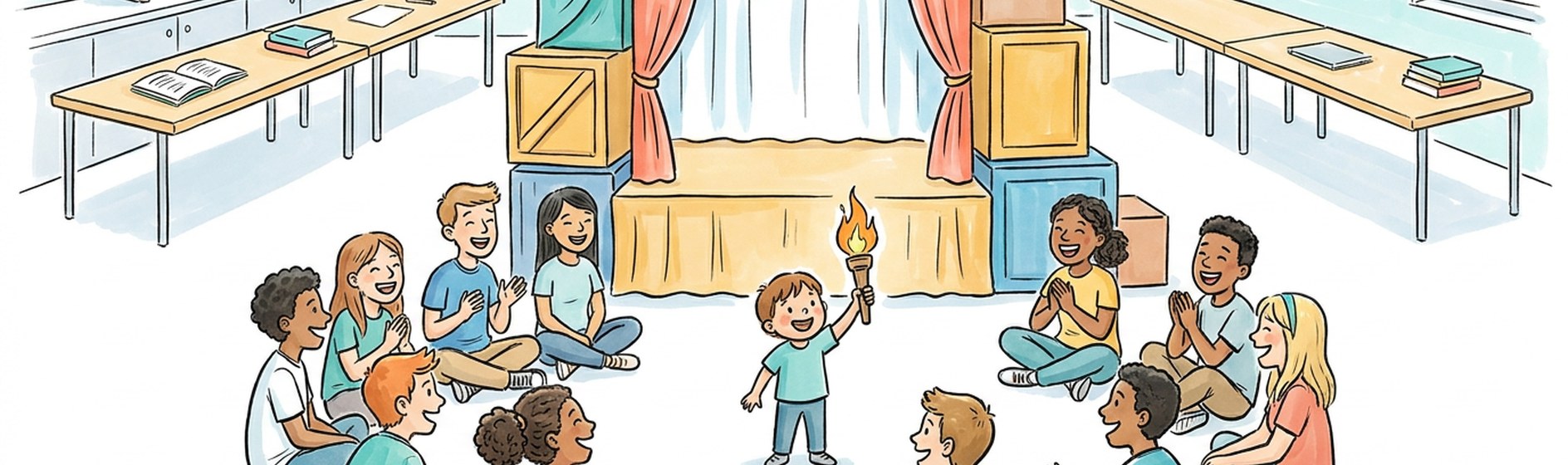 Sketchnote: Theaterbühne mit Kindern und Feuerfackel im Schulhof, im Hintergrund Klassenraum mit Büchern