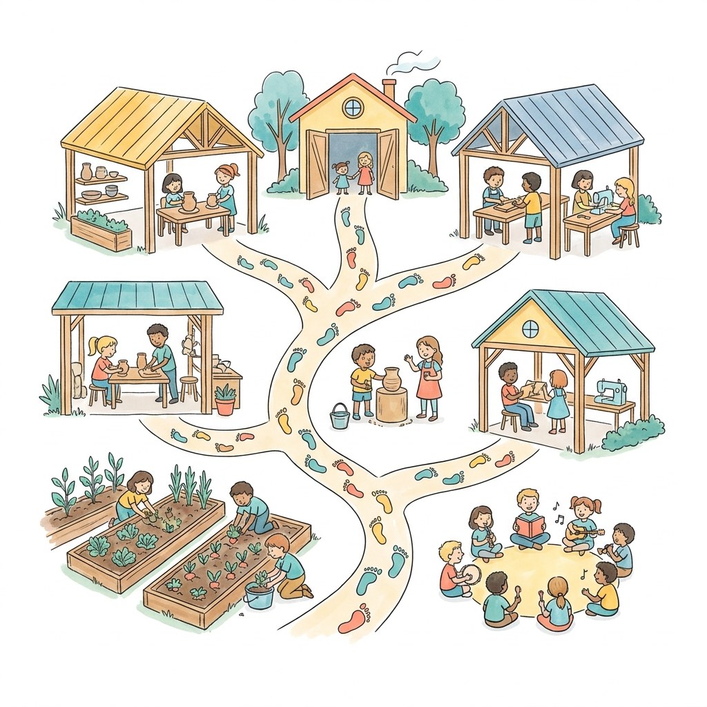 Sketchnote: eine kleine Stadt aus offenen Werkräumen, Gemüsebeeten und Sitzkreisen, verbunden durch Wege mit Kinderfußabdrücken