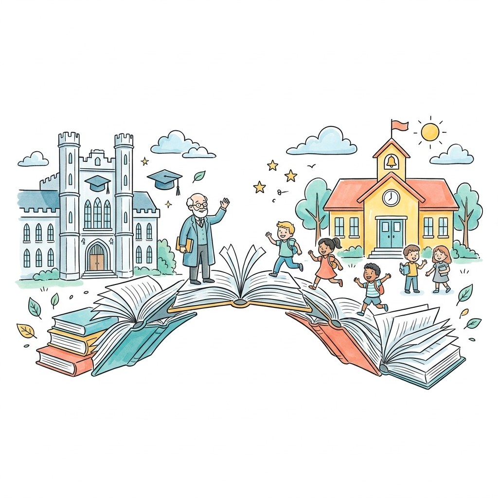Sketchnote: eine Brücke aus Büchern, Studien und Menschen zwischen einem großen Universitäts-Gebäude und einem hellen Schulhaus mit Kindern