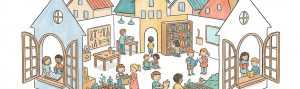 Sketchnote-Banner: die Laborschule als kleine Stadt mit Werktischen und Buechern