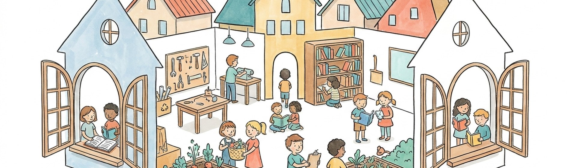 Sketchnote-Banner: die Laborschule als kleine Stadt mit Werktischen und Buechern
