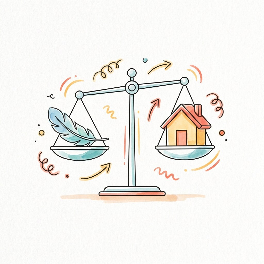 Sketchnote: Waage im Gleichgewicht, links eine Feder als Symbol fuer Freiheit, rechts ein kleines Haus als Symbol fuer Sicherheit