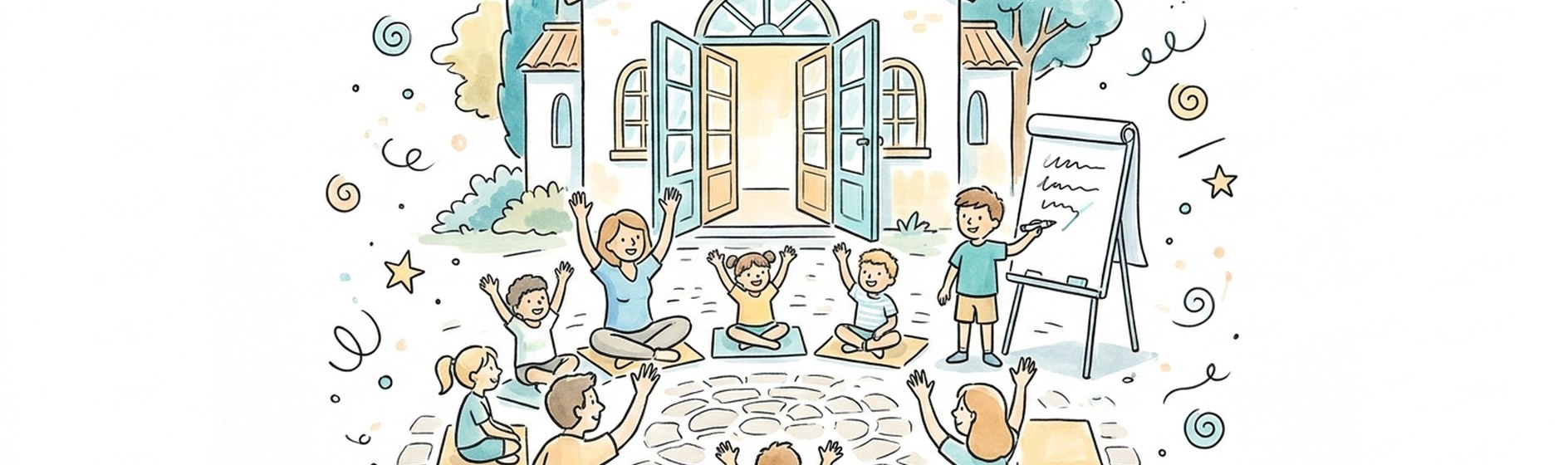 Sketchnote-Banner: Villa mit Kindern und Erwachsenen im Kreis, gemeinsame Abstimmung