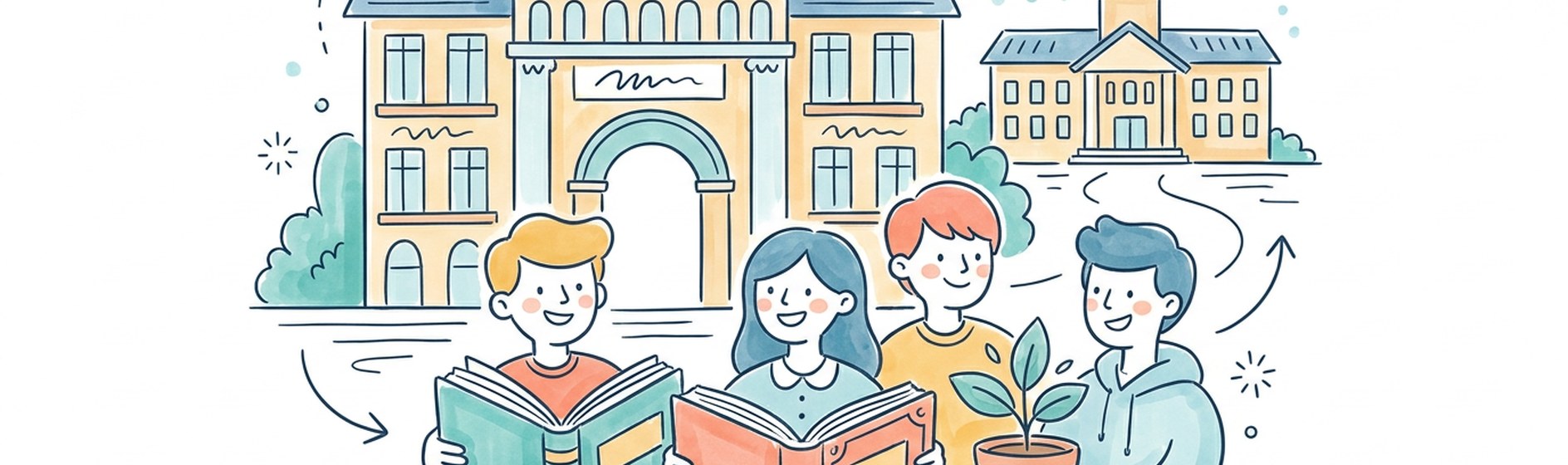 Sketchnote-Banner: Oberstufen-Kolleg Bielefeld auf dem Uni-Campus, Jugendliche mit Buechern und einer Pflanze davor, Laborschule im Hintergrund