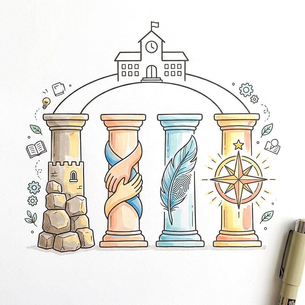 Sketchnote der vier Grundmotivationen als vier tragende Säulen unter einem Klassenzimmer.