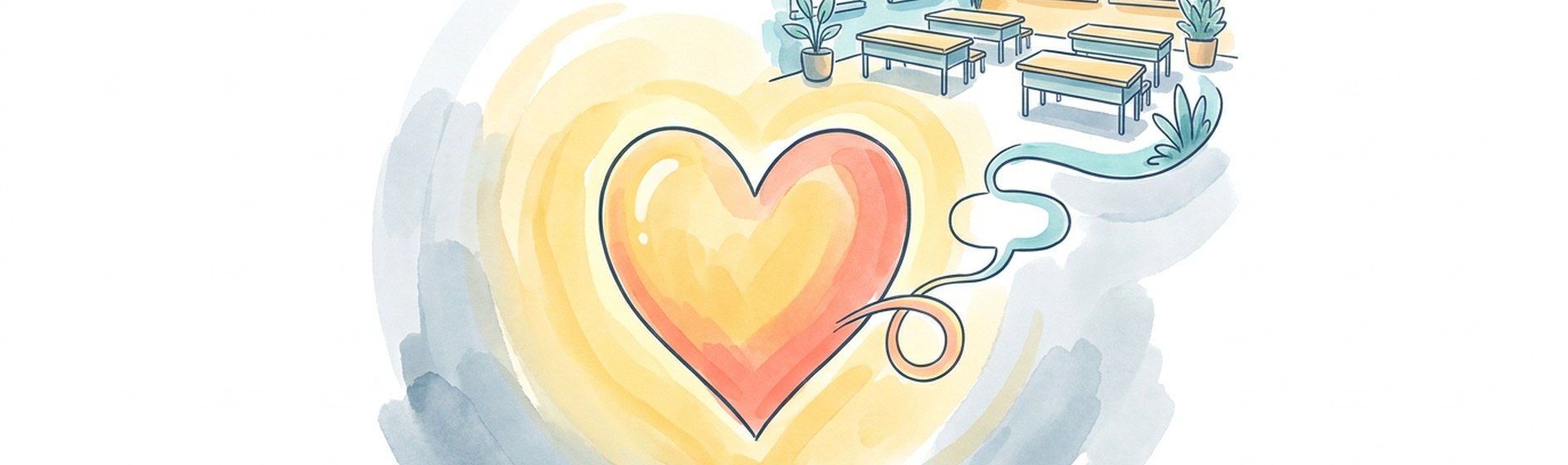 Sketchnote-Banner: Herz im Zentrum mit Sprechblasen-Faden ins Klassenzimmer