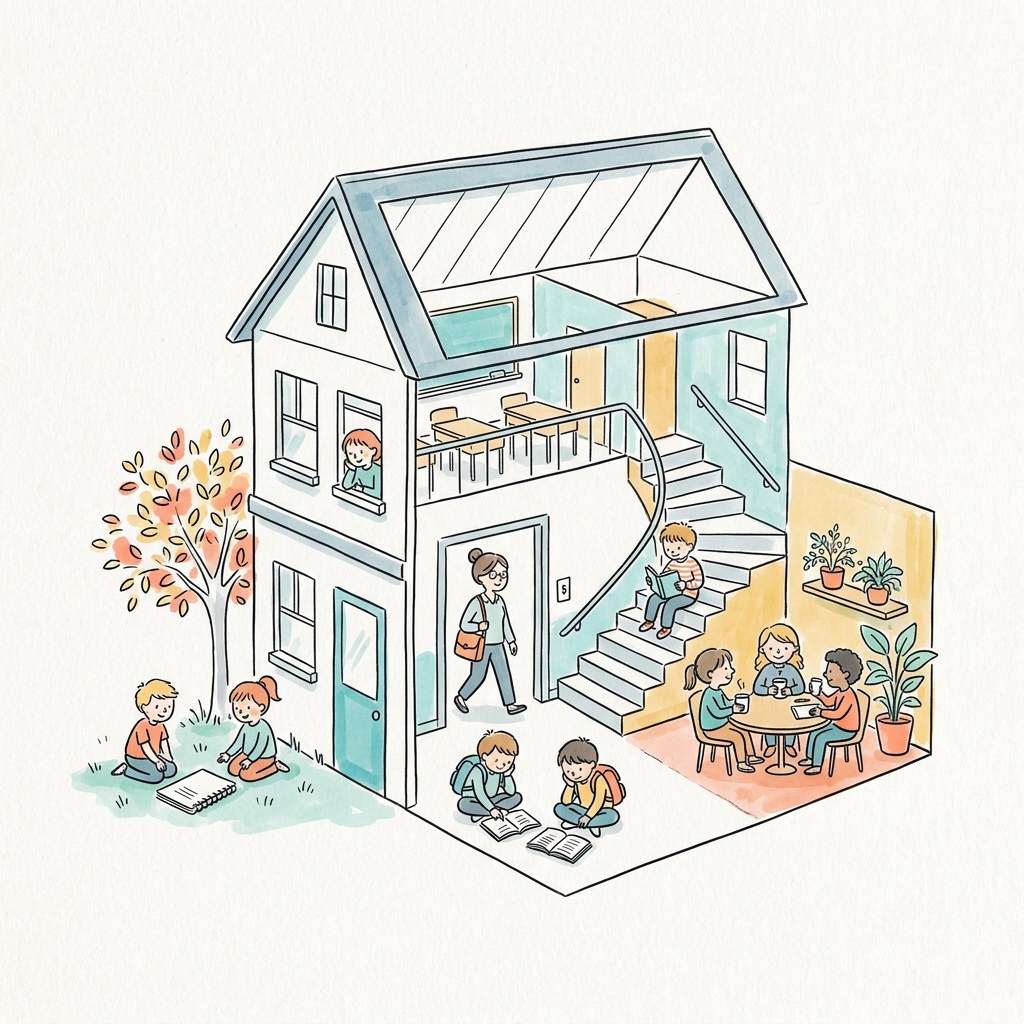 Sketchnote-Querschnitt einer Schule mit Kindern, die &uuml;berall im Geb&auml;ude lernen