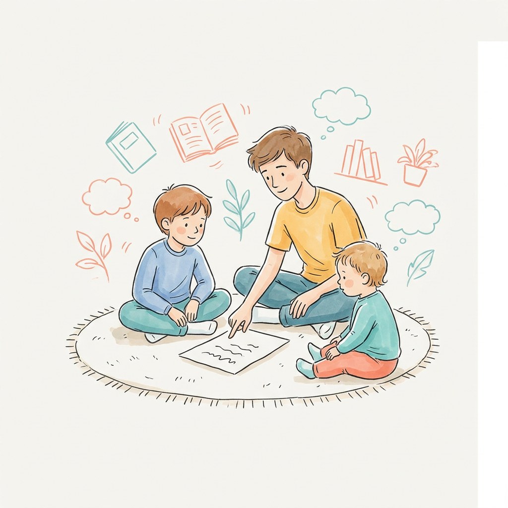Sketchnote einer Stammgruppe: drei Kinder unterschiedlichen Alters lernen zusammen im Kreis