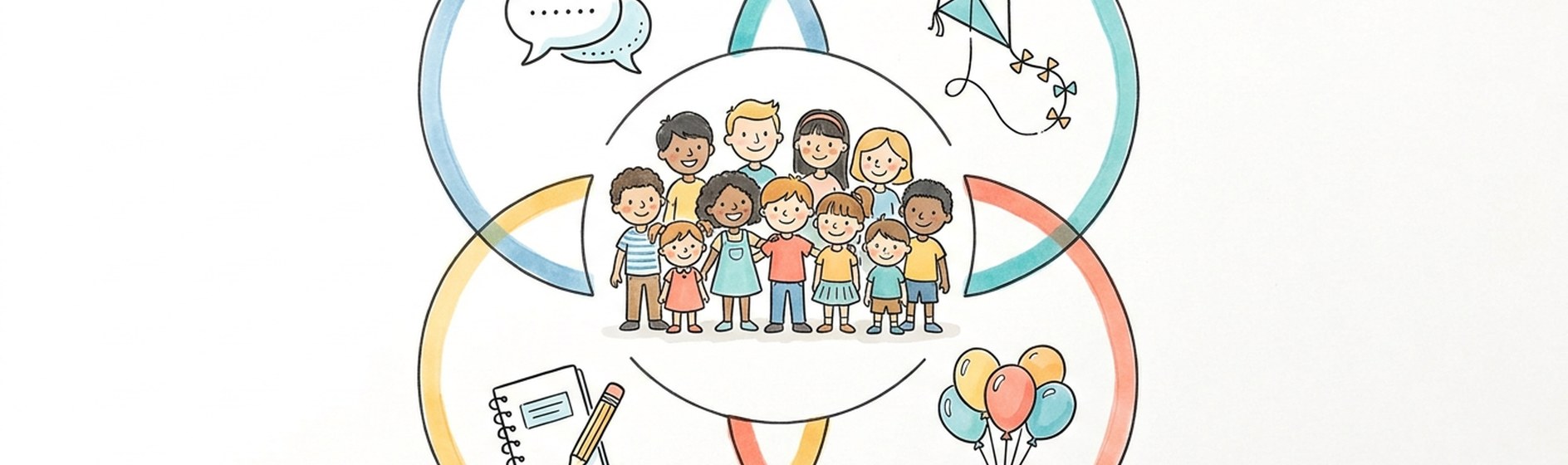 Sketchnote-Banner der vier Bildungsgrundformen der Jenaplan-Schule Jena: Gespräch, Spiel, Arbeit, Feier