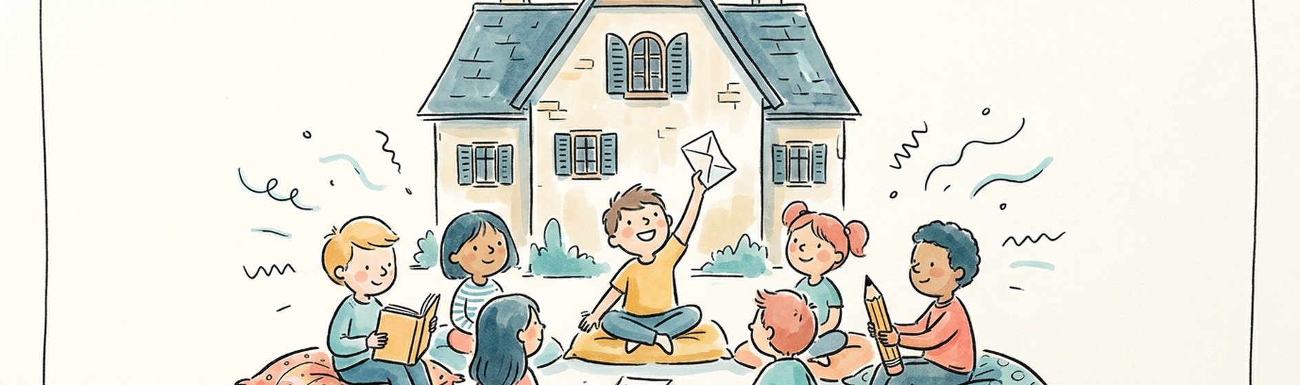 Sketchnote: Alte Villa und ein Kreis Kinder auf Kissen, ein Kind hält einen Stimmzettel hoch