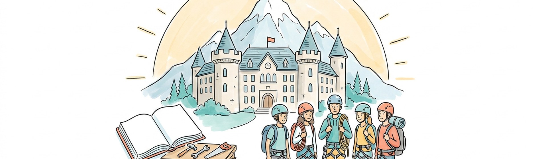 Sketchnote: Schulschloss am Fuß der bayerischen Alpen mit Jugendlichen, Buch und Werkbank im Vordergrund