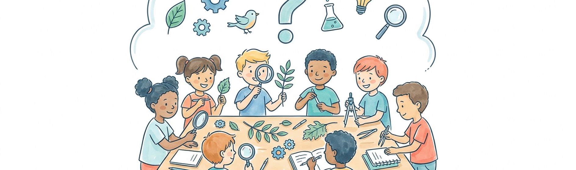 Kindergruppe rund um einen Tisch mit Werkzeugen und Denkblase - Sketchnote-Banner Universitätsschule Dresden