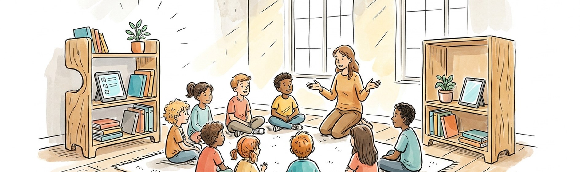 Sketchnote einer offenen Schulhalle: Kinder sitzen im Kreis am Boden, eine Erwachsene kniet dazwischen auf Augenhoehe - Alltag an der Heliosschule Koeln