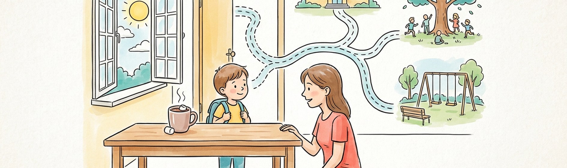 Mutter hört ihrem Kind am Küchentisch zu, im Hintergrund mehrere Lebenswege nach draußen
