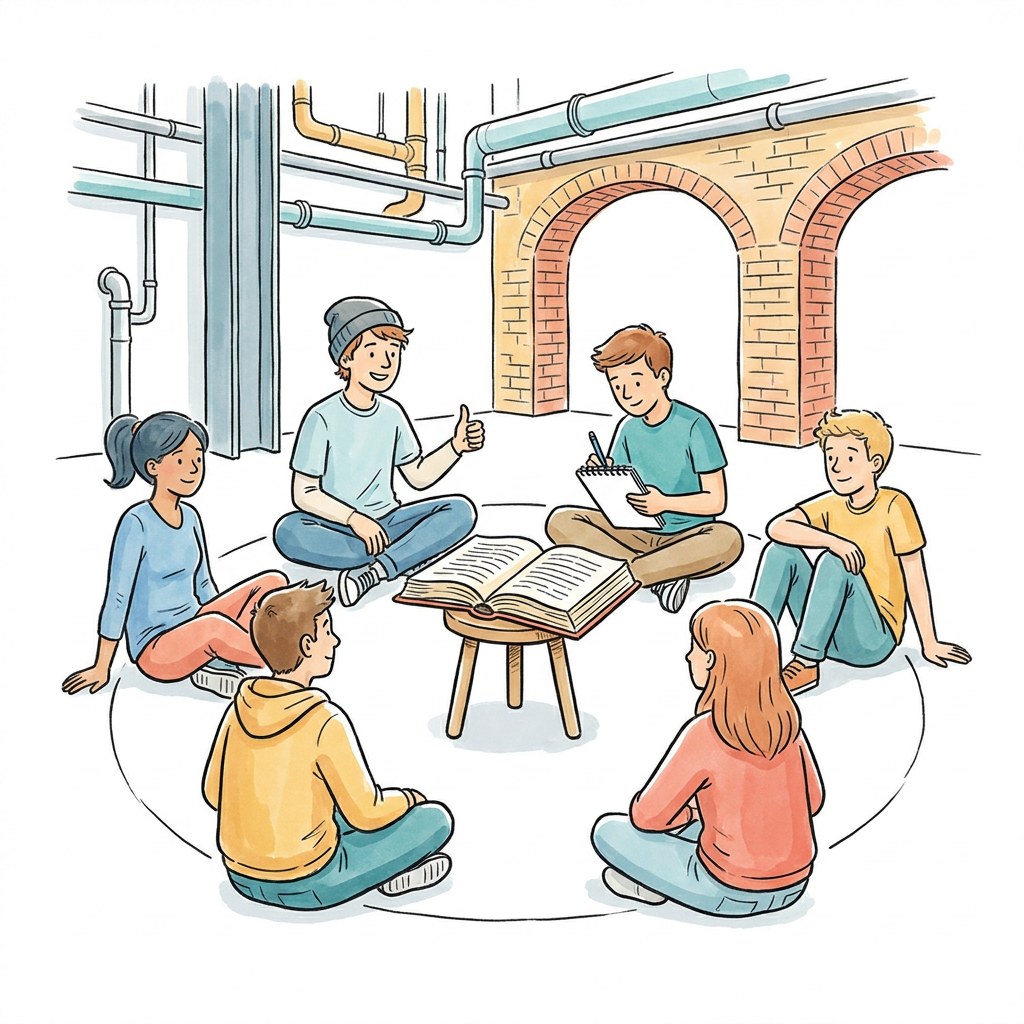 Jugendliche sitzen im Kreis auf dem Boden eines Industriesaals, in der Mitte ein ge&ouml;ffnetes Protokollbuch, sichtbarer Daumen-hoch-Konsens zwischen zwei Jugendlichen
