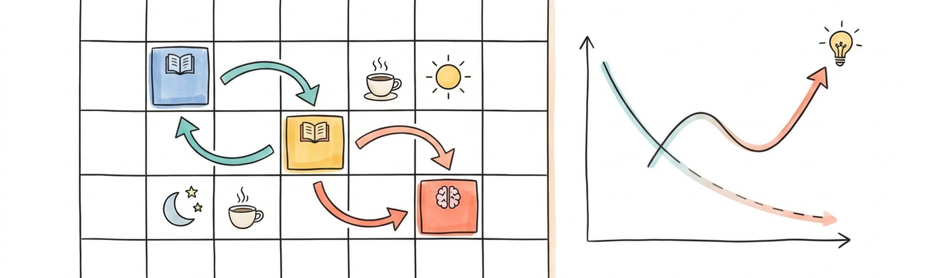 Sketchnote: Kalender mit drei verteilten Lernblöcken, verbunden durch Pfeile; dazwischen Symbole für Schlaf und Alltag; daneben Vergessens- und Erinnerungskurve