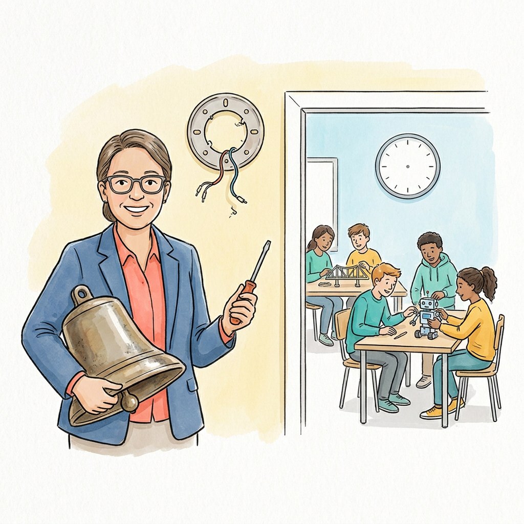Sketchnote: Eine Schulleiterin trägt die abmontierte Schulglocke unter dem Arm, an der Wand hängen nur noch lose Kabel; im Raum daneben arbeiten Jugendliche in kleinen Gruppen an Projekten unter einer großen Wanduhr