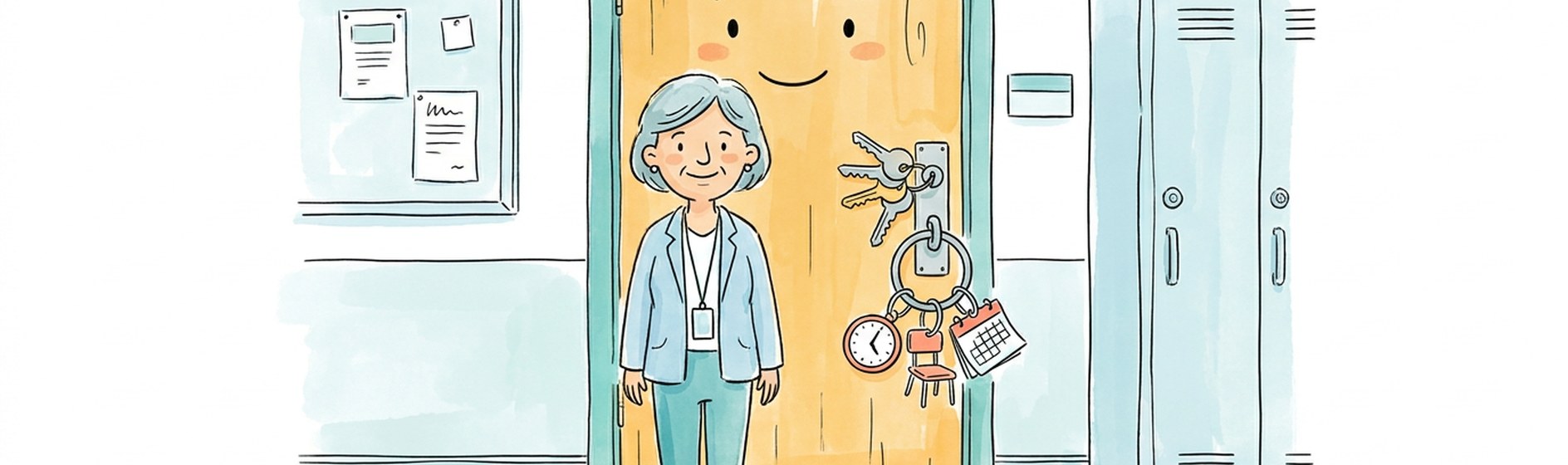 Sketchnote: Eine Schulleiterin steht im Schulflur vor einer großen Tür, im Schloss stecken Schlüssel, am Schlüsselbund hängen eine Uhr, ein Stuhl und ein Kalenderblatt